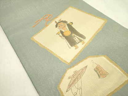 平和屋着物●二代目 寺嶋保二 太鼓柄袋帯 大津絵 金糸 正絹 逸品 DABB7533op