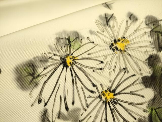 平和屋着物●塩瀬 九寸名古屋帯 作家物 手描き 菊 正絹 逸品 DABB7546op