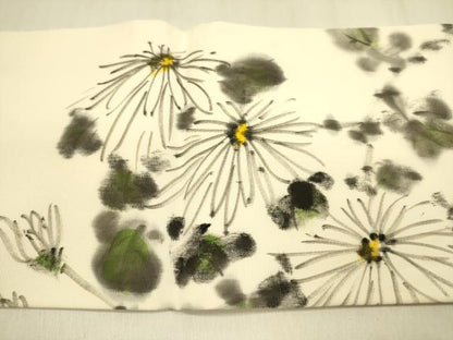 平和屋着物●塩瀬 九寸名古屋帯 作家物 手描き 菊 正絹 逸品 DABB7546op