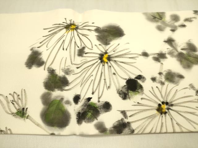 平和屋着物●塩瀬 九寸名古屋帯 作家物 手描き 菊 正絹 逸品 DABB7546op