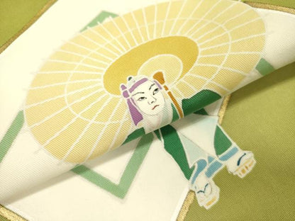 平和屋着物●塩瀬 九寸名古屋帯 番傘 人物文 金彩 正絹 逸品 DABB7547op