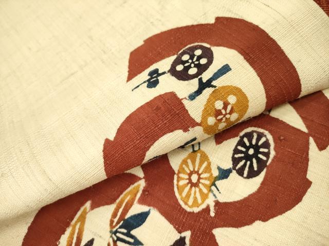 平和屋着物●人間国宝 芹沢圭介一番弟子 下平清人 九寸名古屋帯 紬地 草花 正絹 逸品 DABB7554op