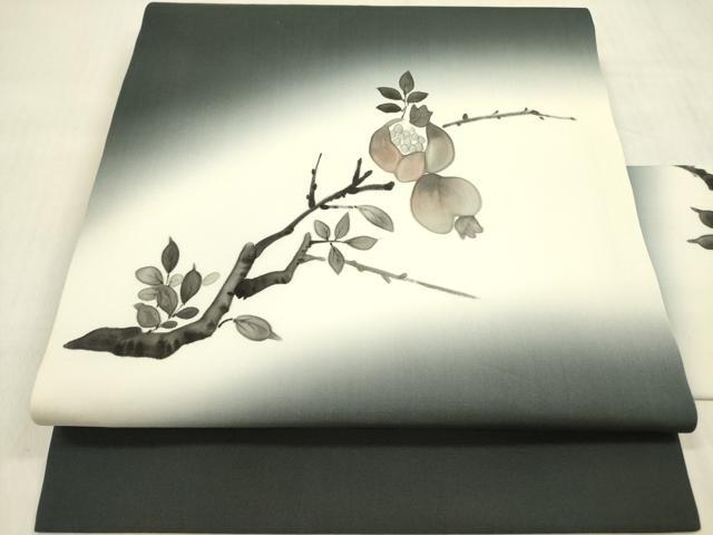 平和屋着物●塩瀬 九寸名古屋帯 手描き 五泉 枝花 反端付き 正絹 逸品 DABB7556op