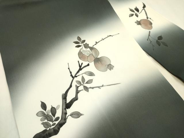 平和屋着物●塩瀬 九寸名古屋帯 手描き 五泉 枝花 反端付き 正絹 逸品 DABB7556op