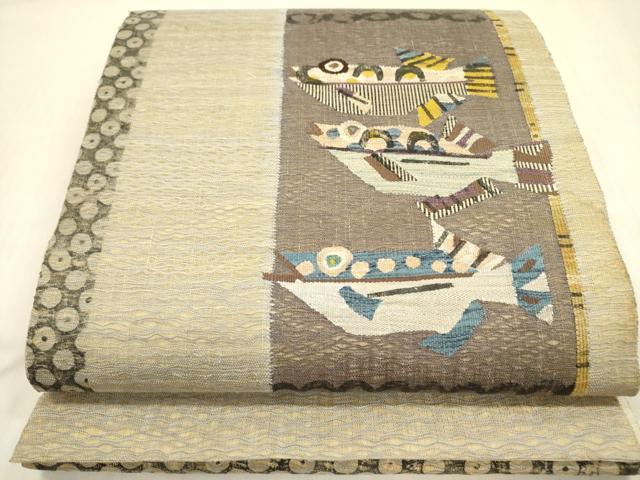 平和屋着物▽太鼓柄袋帯 スリーシーズン 春夏秋 すくい織 魚 正絹 逸品 DABB7558op
