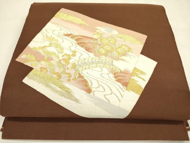 平和屋着物●爪掻き本綴れ 八寸名古屋帯 風景花文 金糸 正絹 逸品 DABB7560op