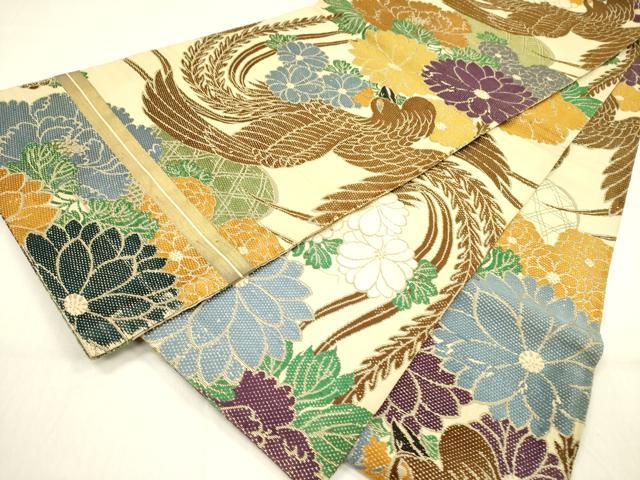 平和屋着物●アンティーク 大正ロマン 丸帯 花鳥文 引き抜き帯 正絹 逸品 DABB7585op