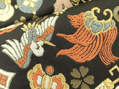 平和屋着物●六通柄袋帯　唐織　宝尽くし飛鶴花文　黒地　金糸　正絹　逸品　DABB7597op