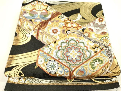 平和屋着物●六通柄袋帯 唐織 正倉院秀美紋 黒地 金銀糸 正絹 逸品 DABB7598op