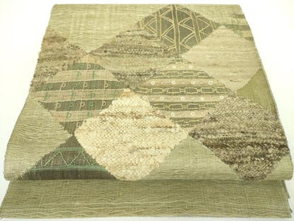 平和屋着物▽太鼓柄袋帯 スリーシーズン 春夏秋 櫛織 モール 幾何学文様 正絹 逸品 DABB7671op