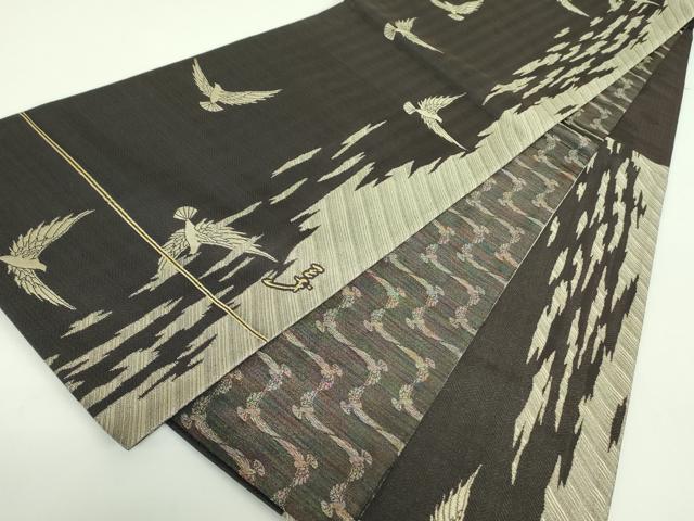 平和屋着物●染色作家 斉藤三才 両面 六通柄袋帯 三才鳥 黒地 金糸 正絹 逸品 DABB7676op