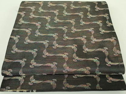 平和屋着物●染色作家 斉藤三才 両面 六通柄袋帯 三才鳥 黒地 金糸 正絹 逸品 DABB7676op