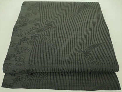 平和屋着物●染色作家 斉藤三才 両面 全通柄袋帯 三才鳥 幾何学文様 黒地 金糸 正絹 逸品 DABB7677op