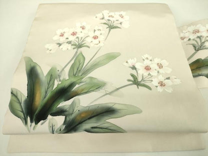 平和屋着物●塩瀬 九寸名古屋帯 作家物 手描き 草花文 金彩 正絹 逸品 DABB7678op