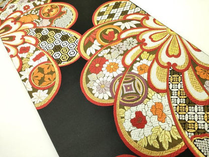 平和屋着物●六通柄袋帯 唐織 吉祥花文 黒地 金銀糸 正絹 逸品 DABB7682op