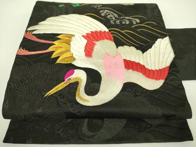 平和屋着物●アンティーク 大正ロマン 中国三大刺繍 相良刺繍 総刺繍 九寸名古屋帯 飛鶴花文 黒地 金糸 正絹 逸品 DABB7683op