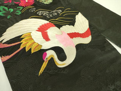 平和屋着物●アンティーク 大正ロマン 中国三大刺繍 相良刺繍 総刺繍 九寸名古屋帯 飛鶴花文 黒地 金糸 正絹 逸品 DABB7683op