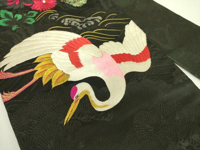 平和屋着物●アンティーク 大正ロマン 中国三大刺繍 相良刺繍 総刺繍 九寸名古屋帯 飛鶴花文 黒地 金糸 正絹 逸品 DABB7683op