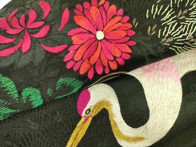 平和屋着物●アンティーク 大正ロマン 中国三大刺繍 相良刺繍 総刺繍 九寸名古屋帯 飛鶴花文 黒地 金糸 正絹 逸品 DABB7683op