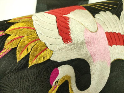 平和屋着物●アンティーク 大正ロマン 中国三大刺繍 相良刺繍 総刺繍 九寸名古屋帯 飛鶴花文 黒地 金糸 正絹 逸品 DABB7683op