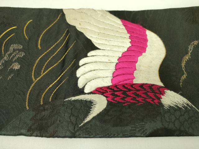 平和屋着物●アンティーク 大正ロマン 中国三大刺繍 相良刺繍 総刺繍 九寸名古屋帯 飛鶴花文 黒地 金糸 正絹 逸品 DABB7683op