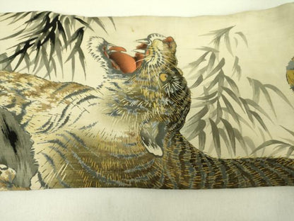平和屋着物●アンティーク 大正ロマン 九寸名古屋帯 刺繍 虎 トラ 金糸 正絹 逸品 DABB7684op