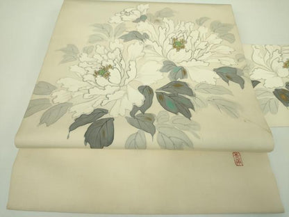 平和屋着物●塩瀬　九寸名古屋帯　作家物　手描き　牡丹　金彩　正絹　逸品　DABB7695op