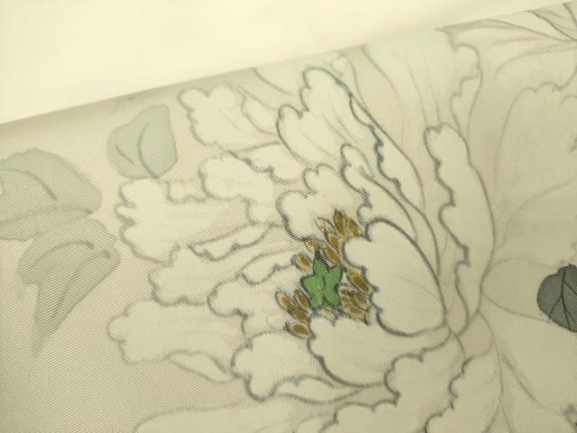 平和屋着物●塩瀬　九寸名古屋帯　作家物　手描き　牡丹　金彩　正絹　逸品　DABB7695op