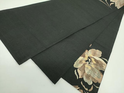 平和屋着物●太鼓柄袋帯 紬地 すくい織 草花 黒地 正絹 逸品 DABB7698op