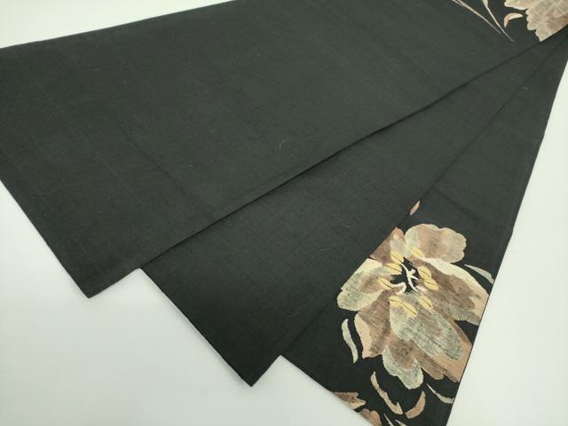 平和屋着物●太鼓柄袋帯 紬地 すくい織 草花 黒地 正絹 逸品 DABB7698op