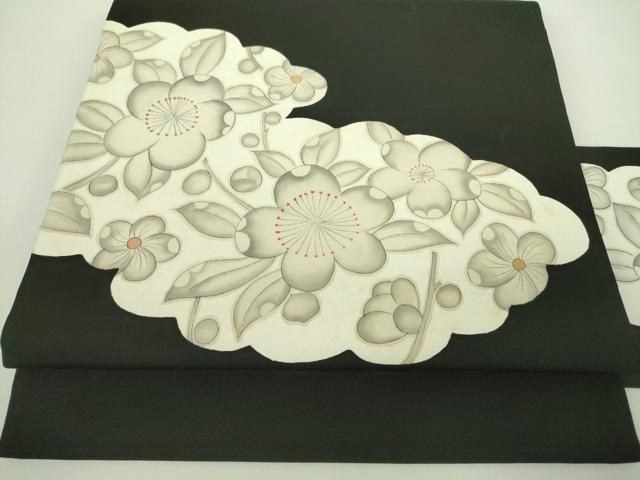 平和屋着物●塩瀬 九寸名古屋帯 草花文 黒地 正絹 逸品 DABB7709op