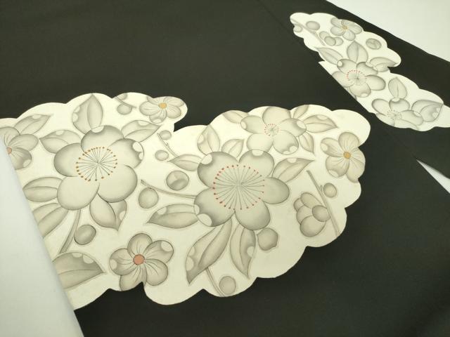 平和屋着物●塩瀬 九寸名古屋帯 草花文 黒地 正絹 逸品 DABB7709op