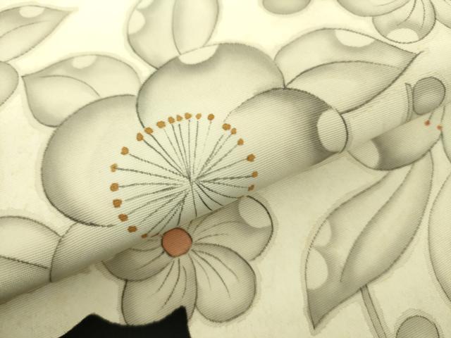 平和屋着物●塩瀬 九寸名古屋帯 草花文 黒地 正絹 逸品 DABB7709op