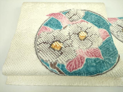 平和屋着物●名門 藤娘きぬたや・総絞り 九寸名古屋帯 草花 正絹 逸品 DABB7715op