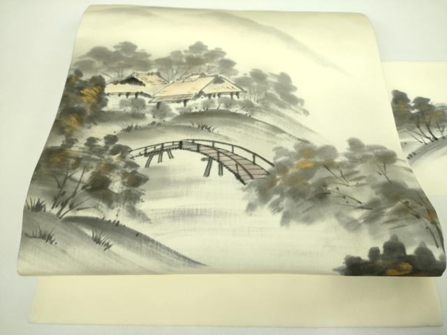 平和屋着物●塩瀬 九寸名古屋帯 作家物 手描き 渡橋風景文 金彩 正絹 逸品 DABB7720op