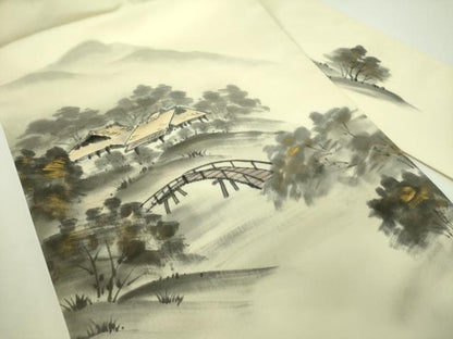 平和屋着物●塩瀬 九寸名古屋帯 作家物 手描き 渡橋風景文 金彩 正絹 逸品 DABB7720op