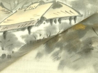 平和屋着物●塩瀬 九寸名古屋帯 作家物 手描き 渡橋風景文 金彩 正絹 逸品 DABB7720op