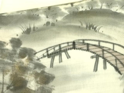 平和屋着物●塩瀬 九寸名古屋帯 作家物 手描き 渡橋風景文 金彩 正絹 逸品 DABB7720op