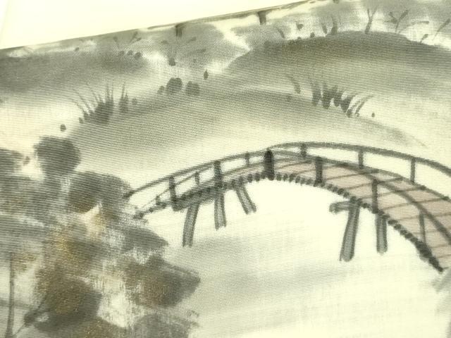 平和屋着物●塩瀬 九寸名古屋帯 作家物 手描き 渡橋風景文 金彩 正絹 逸品 DABB7720op
