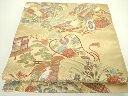 平和屋着物●西陣 泰正織物謹製 六通柄袋帯 唐織 作家物 地紙風景花鳥文 本金箔 正絹 逸品 DABB7728op