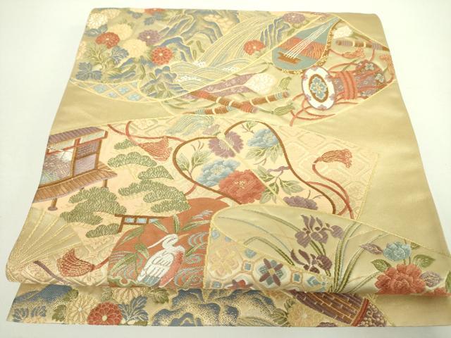 平和屋着物●西陣 泰正織物謹製 六通柄袋帯 唐織 作家物 地紙風景花鳥文 本金箔 正絹 逸品 DABB7728op
