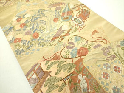平和屋着物●西陣 泰正織物謹製 六通柄袋帯 唐織 作家物 地紙風景花鳥文 本金箔 正絹 逸品 DABB7728op