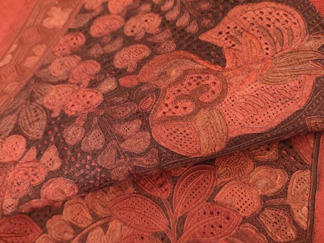 平和屋着物●中国三大刺繍 スワトウ刺繍 汕頭刺繍 総刺繍 太鼓柄袋帯 紬地 鴛鴦花文 正絹 逸品 未使用 DABB7731op