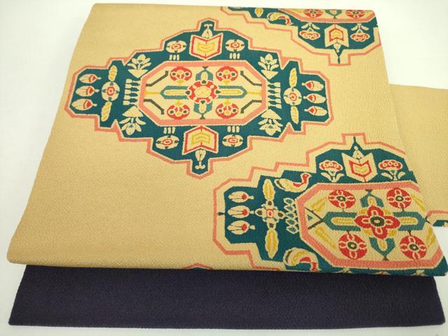 平和屋着物●九寸名古屋帯 型染 抽象花鳥文 鬼しぼ縮緬 正絹 逸品 未使用 DABB7738op