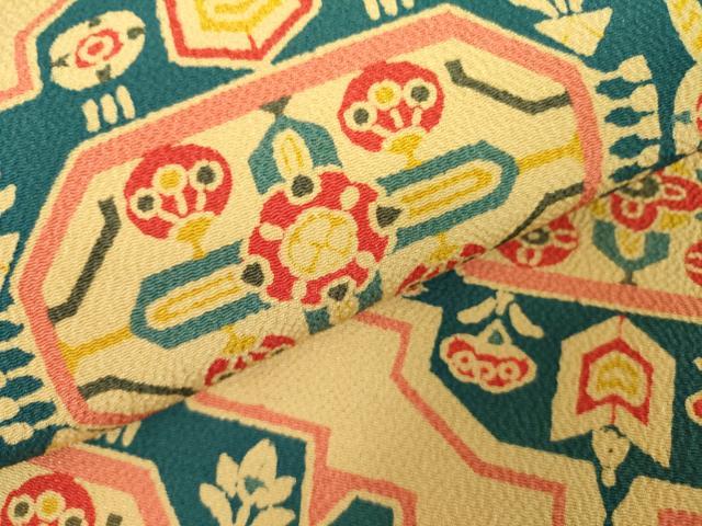 平和屋着物●九寸名古屋帯 型染 抽象花鳥文 鬼しぼ縮緬 正絹 逸品 未使用 DABB7738op