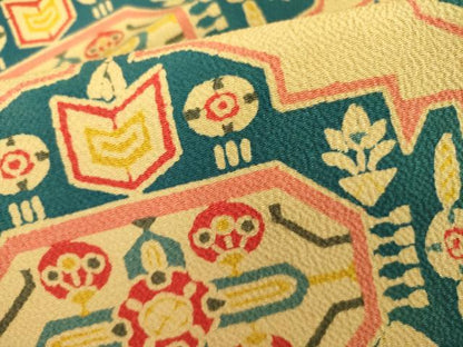 平和屋着物●九寸名古屋帯 型染 抽象花鳥文 鬼しぼ縮緬 正絹 逸品 未使用 DABB7738op