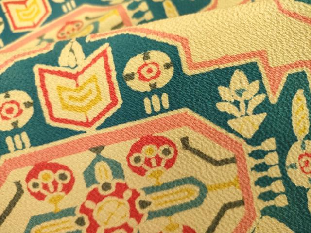 平和屋着物●九寸名古屋帯 型染 抽象花鳥文 鬼しぼ縮緬 正絹 逸品 未使用 DABB7738op