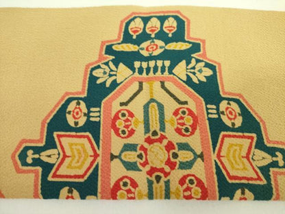 平和屋着物●九寸名古屋帯 型染 抽象花鳥文 鬼しぼ縮緬 正絹 逸品 未使用 DABB7738op