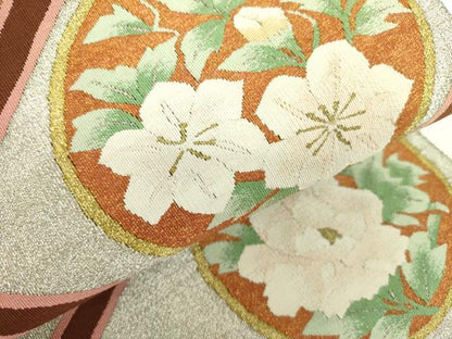 平和屋着物●爪掻き本綴れ　八寸名古屋帯　草花丸文　金銀糸　正絹　逸品　DABB7752op