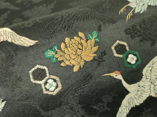 平和屋着物●アンティーク 大正ロマン 九寸開き名古屋帯 唐織 飛鶴亀甲花文 黒地 金糸 正絹 逸品 DABB7754op